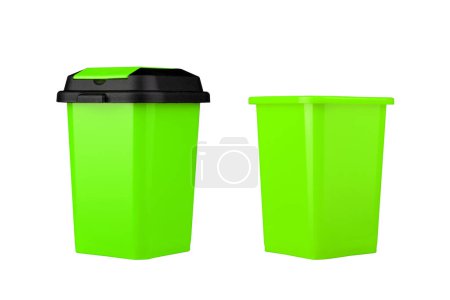 Cubo de basura verde. Con y sin tapa. Vista lateral. Aislado sobre fondo blanco. Reciclaje de basura.