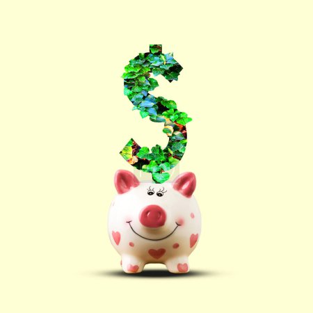 Sparschwein mit einem Schild Dollar aus Blättern. Auf gelbem Hintergrund. Wachstumskonzept. Pflege. Unternehmen. Lebensstil.