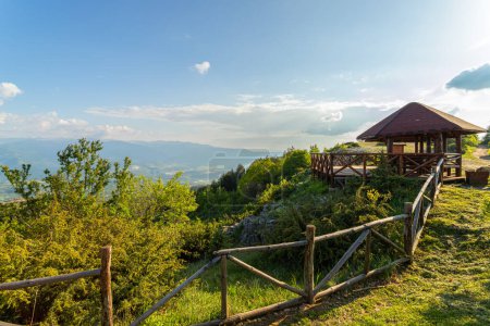 Wooden gazebo, with a beautiful view from Mount Vodno to Skopje, North Macedonia.