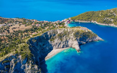 Aerial panoramic view of Assos village coast. Kefalonia island, Greece. Travel summer vocation concept.