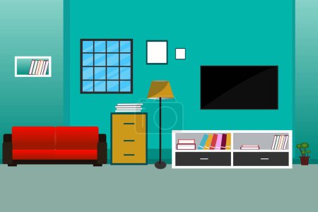 Illustration for The living room is decorated with a tv near the window, sofa - Royalty Free Image