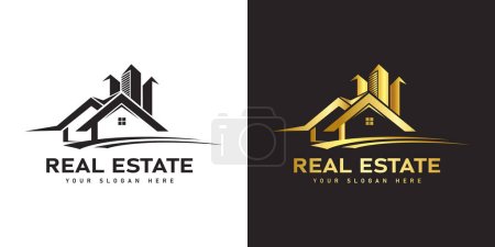 Téléchargez les illustrations : Logo immobilier et design de logo de maison avec couleur dorée. - en licence libre de droit