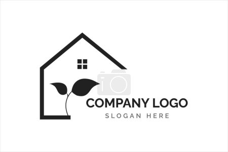 Téléchargez les illustrations : Maison et feuilles logo design en lignes simples sur la couleur noire - en licence libre de droit