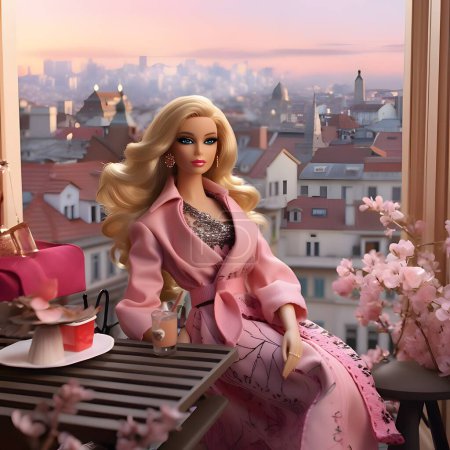 Triste Ken Et Barbie Assis Sur Un Banc Vêtements Roses Fond Rose