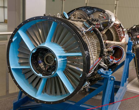 Airplane engine detail in aviation hangar, detailed of a turbo jet engine