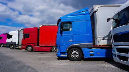 Photo for Trucks at parking lot. Delivery cars. Cargo shipping. Lorry. Industry, Freight Truck, Logistics transport Concept. - Royalty Free Image