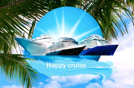 Photo for Abstract cruise ships or big liners in open water with tropic palm background . Collage or design about travel and vacations concept - Royalty Free Image