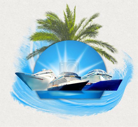 Photo for Abstract cruise ships or big liners in open water with tropic palm background . Collage or design about travel and vacations concept - Royalty Free Image