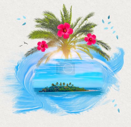 Photo for Tropical beach lagoon with palm trees. Small island and tropical frame, ocean background. Happy travel, dream, paradise and best beach concept - Royalty Free Image