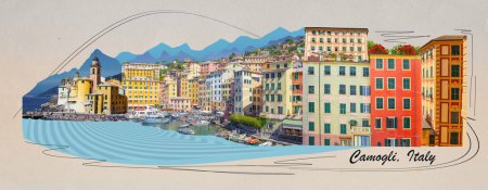 Photo for Colorful buildings and beach at Camogli on sunny summer day, Liguria, Italy. Collage - Royalty Free Image