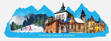 Photo for The wooden houses at popular ski resort in Tatranska Lomnica, High Tatras at winter, Slovakia - collage or art design - Royalty Free Image