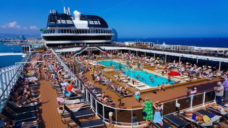 Photo for Barcelona, Spain - May 25, 2023: The simming pool area on the cruise ship MSC Grandiosa, the big cruise ship built in Italy. - Royalty Free Image