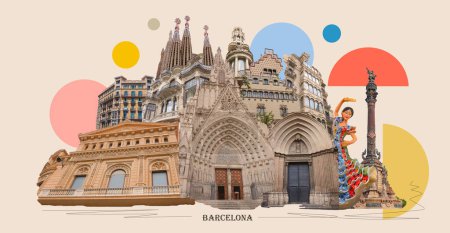 Photo for Contemporary art collage. Design in modern contemporary retro style about Barcelona in Spain - Royalty Free Image