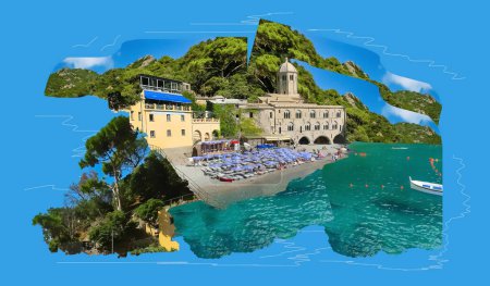 Photo for San Fruttuoso abbey in Camogli, Liguria at Italy. Collage - Royalty Free Image