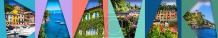 Photo for Collage about beautiful bay with colorful houses in Portofino, Liguria, at Italy - Royalty Free Image