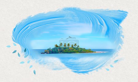 Photo for Tropical beach lagoon with palm trees. Small island and tropical frame, ocean background. Happy travel, dream, paradise and best beach concept - Royalty Free Image