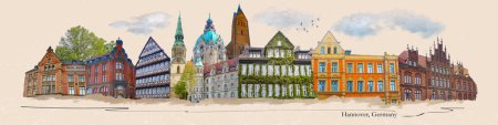 Schöner Altbau in Deutschland - Fassade im historischen Zentrum von Hannover, Deutschland - Kunstcollage oder Design