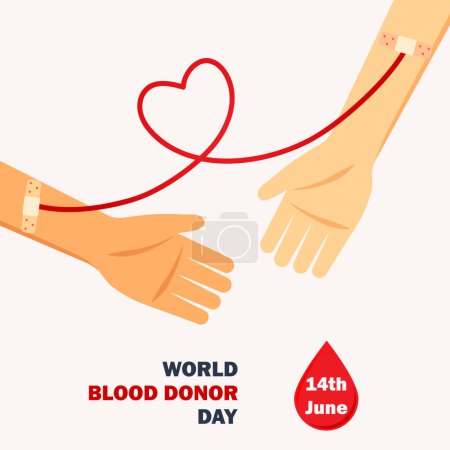 Illustration for World Blood Donor Day 14 June concept for banner, poster, card. Vector illustration with hand, heart of tube, blood drop and blood transfusion - Royalty Free Image