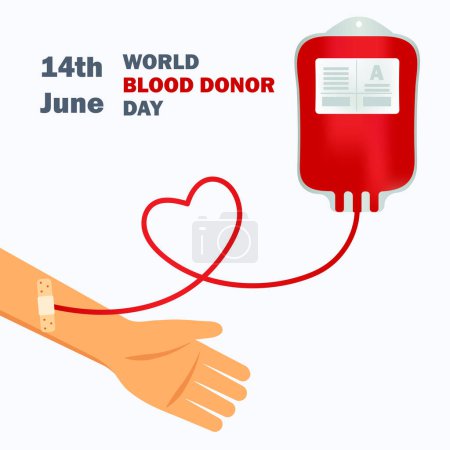 Illustration for World Blood Donor Day 14 June concept for banner, poster, card. Vector illustration with blood bag, hand, heart, tubes and blood transfusion - Royalty Free Image