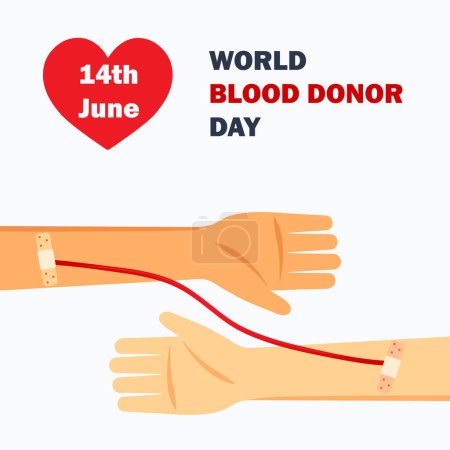 Illustration for World Blood Donor Day 14 June concept for banner, poster, card. Vector illustration with hand, blood drop, tubes and blood transfusion - Royalty Free Image