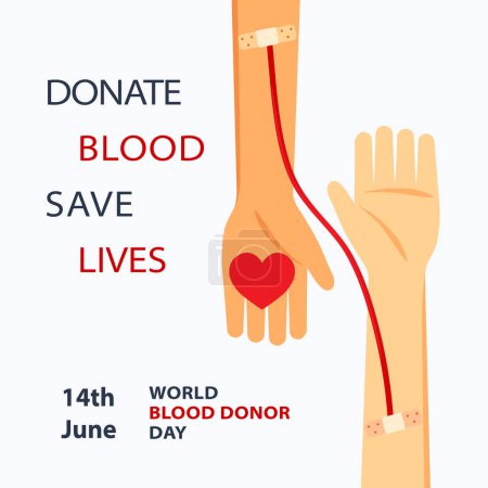 Illustration for World Blood Donor Day 14 June concept for banner, poster, card. Vector illustration with hand, heart, tubes and blood transfusion - Royalty Free Image