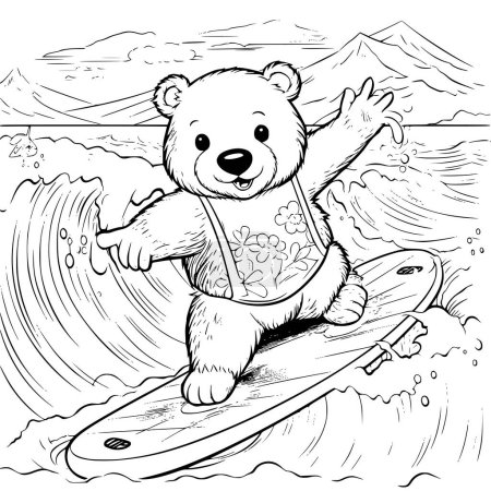 Bear Surfing Coloring Page Drawing For Kids