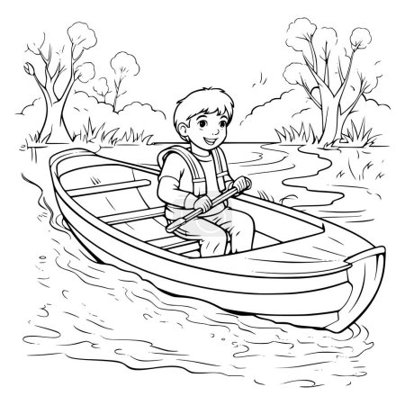 Téléchargez les illustrations : Garçon avec des coloriages de bateau de chasse dessin pour les enfants - en licence libre de droit