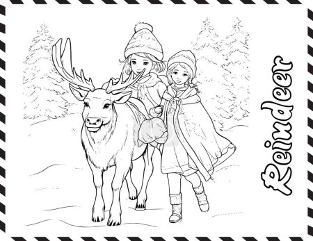 Téléchargez les illustrations : Fille de Noël et coloriage de rennes Dessin pour enfants - en licence libre de droit