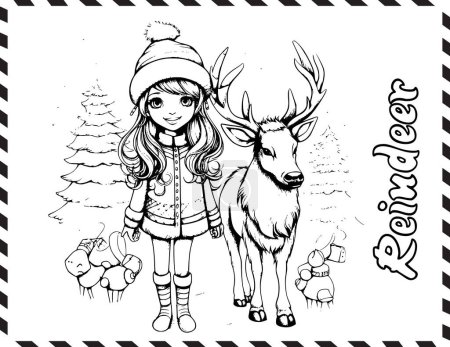 Téléchargez les illustrations : Fille de Noël et coloriage de rennes Dessin pour enfants - en licence libre de droit
