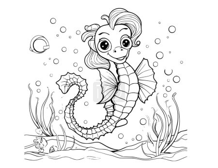Téléchargez les illustrations : Coloriage mignon hippocampe pour enfants - en licence libre de droit