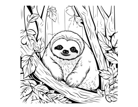 Téléchargez les illustrations : Sloth mignon dans la forêt Coloriage Page pour les enfants - en licence libre de droit