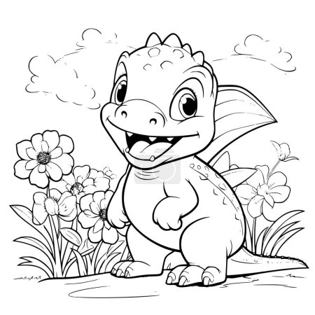 Dinosaur With A Flower Coloring Page For Kids