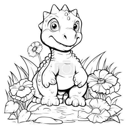 Dinosaur With A Flower Coloring Page For Kids