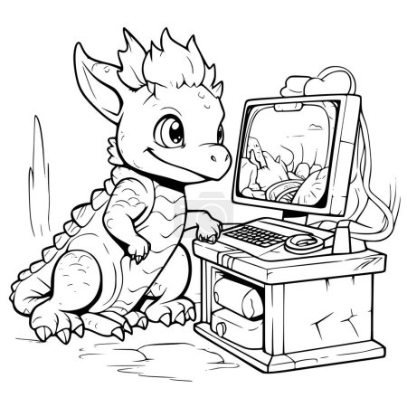 Dragón viendo vídeo en el monitor de computadora para colorear dibujo de la página para niños