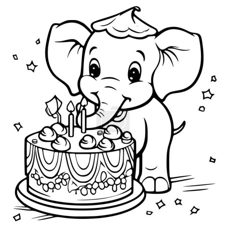 Téléchargez les illustrations : Éléphant avec gâteau de coloriage anniversaire pour les enfants - en licence libre de droit