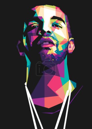 Illustration for Famous rapper singer drake popart vector art style. In a colorful illustration design with an abstract background - Royalty Free Image
