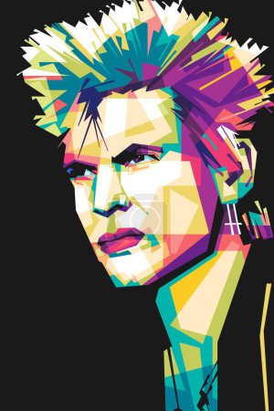 Illustration for Famous singer rock Billy idol popart vector art style. In a colorful illustration design with an abstract background - Royalty Free Image