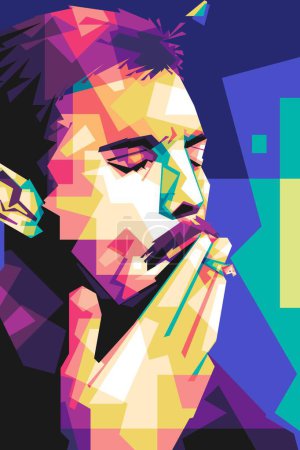 Illustration for Famous singer Freddie mercury popart vector art style. In a colorful illustration design with an abstract background - Royalty Free Image