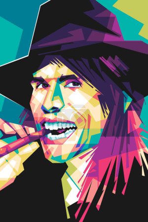 Illustration for Famous singer Steven Tyler popart vector art style. In a colorful illustration design with an abstract background - Royalty Free Image
