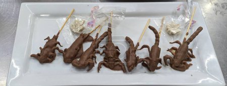 Foto de Escorpiones cubiertos de chocolate en palos en el puesto de mercado en la ciudad de México - Imagen libre de derechos