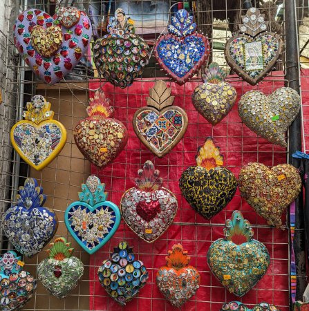 Handicrafts mexican decorative hearts at market stall