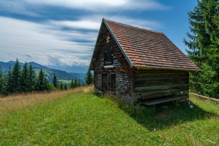 Photo for Wooden barn on the hill over Rhine valley, on a flowered meadow. shingled house on the edge of forest by a logger's hut, storage shed with fir and spruce trees, recreation bench  in background - Royalty Free Image