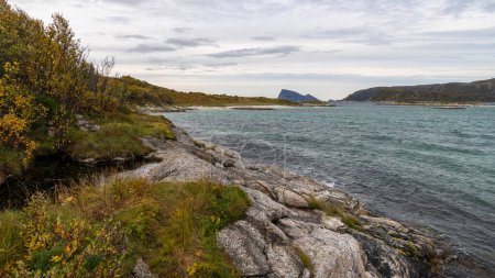 Panoramablick mit Jetty am Atlantik bei Sommary, Norwegen. Sandstrand mit Grillplatz und Ruhebereich, am türkisfarbenen Meer, umgeben von Blumen und Büschen. wie in der Karibik! Entspannung im Freien in der nördlichen Wildnis