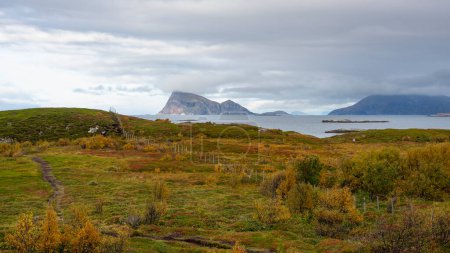 raue Natur im Freien von bunten Haus am Meer, rote und gelbe Häuser an der Küste des Nordatlantiks. Steinige Landschaft mit hölzernem Ferienhaus auf den Inseln Hillesoy, Dorf Sommaroy. Urlaub in Troms, Nordnorwegen.