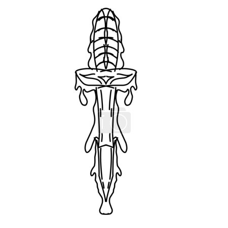 Dibuja la espada del caballero con líquido derretido. Armas medievales fantásticas rey. Adecuado para imágenes de diseño. Tatuaje negro. Ilustración vectorial.