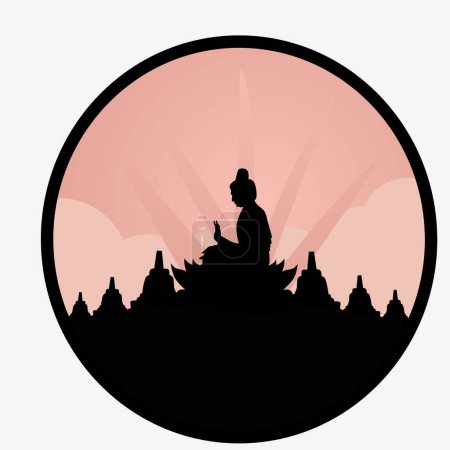 Der Vesaktag ist ein wichtiger buddhistischer Feiertag. Happy Buddha Day mit Design Vector Illustration von Siddhartha Gautama Statue und Tempel. Vesak Day geeignet für Karte oder Banner