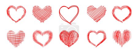 Ilustración de Conjunto de corazones rojos dibujados a mano para el Día de San Valentín. Estilo de línea Doodle. Colección de elementos de diseño vectorial aislados para icono o botón, tarjeta de felicitación, invitación, póster, banner web, marco. - Imagen libre de derechos