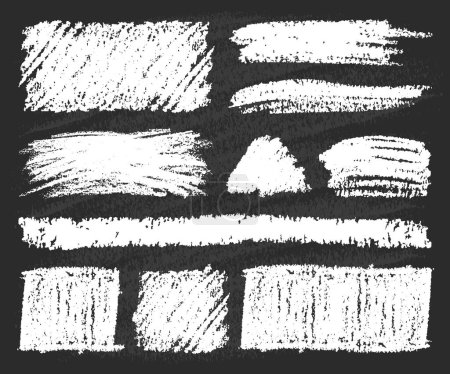 Conjunto vectorial de formas de tiza: rectángulo, óvalo, trazos y rayas. Elementos abstractos de diseño blanco a mano alzada sobre pizarra negra. Pinceladas como sello en blanco, sello, marco, fondo grunge.