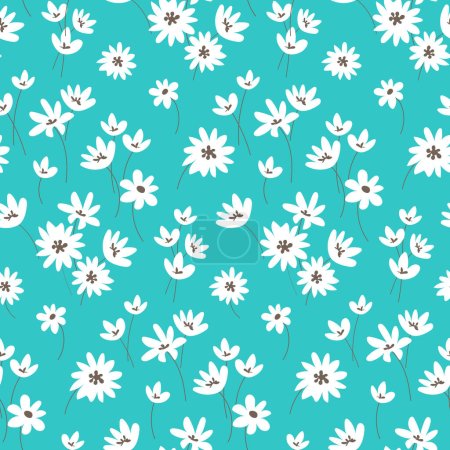 Seamless floral pattern white flowers on turquoise background. Vector illustration. Ditsy style. Design for fabric, wrapping paper, background, wallpaper, kids fashion.