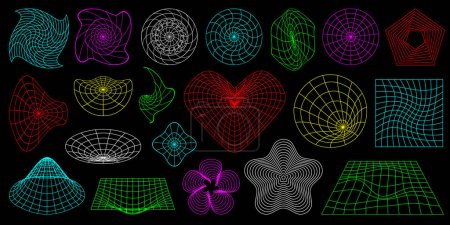 Illustration for Abstract 3D wireframe shapes, perspective grids and heart. Surreal geometric figures. Rave psychedelic design elements and backgrounds. Y2K retro futuristic aesthetic set. Vector illustration - Royalty Free Image